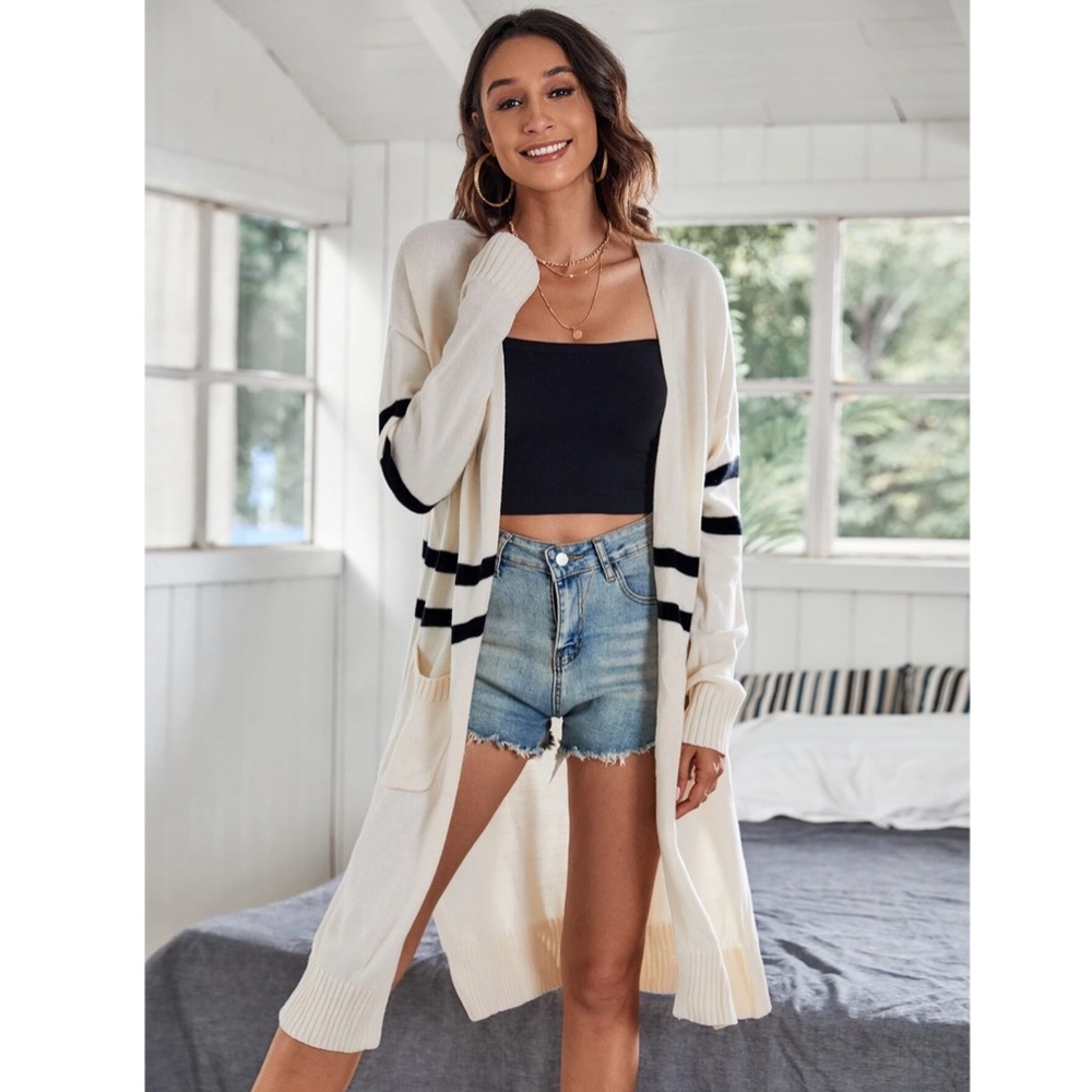 🌵Longline Cream Color Black Stripes Pocket Front Open Cardigan - Picture 4 of 7